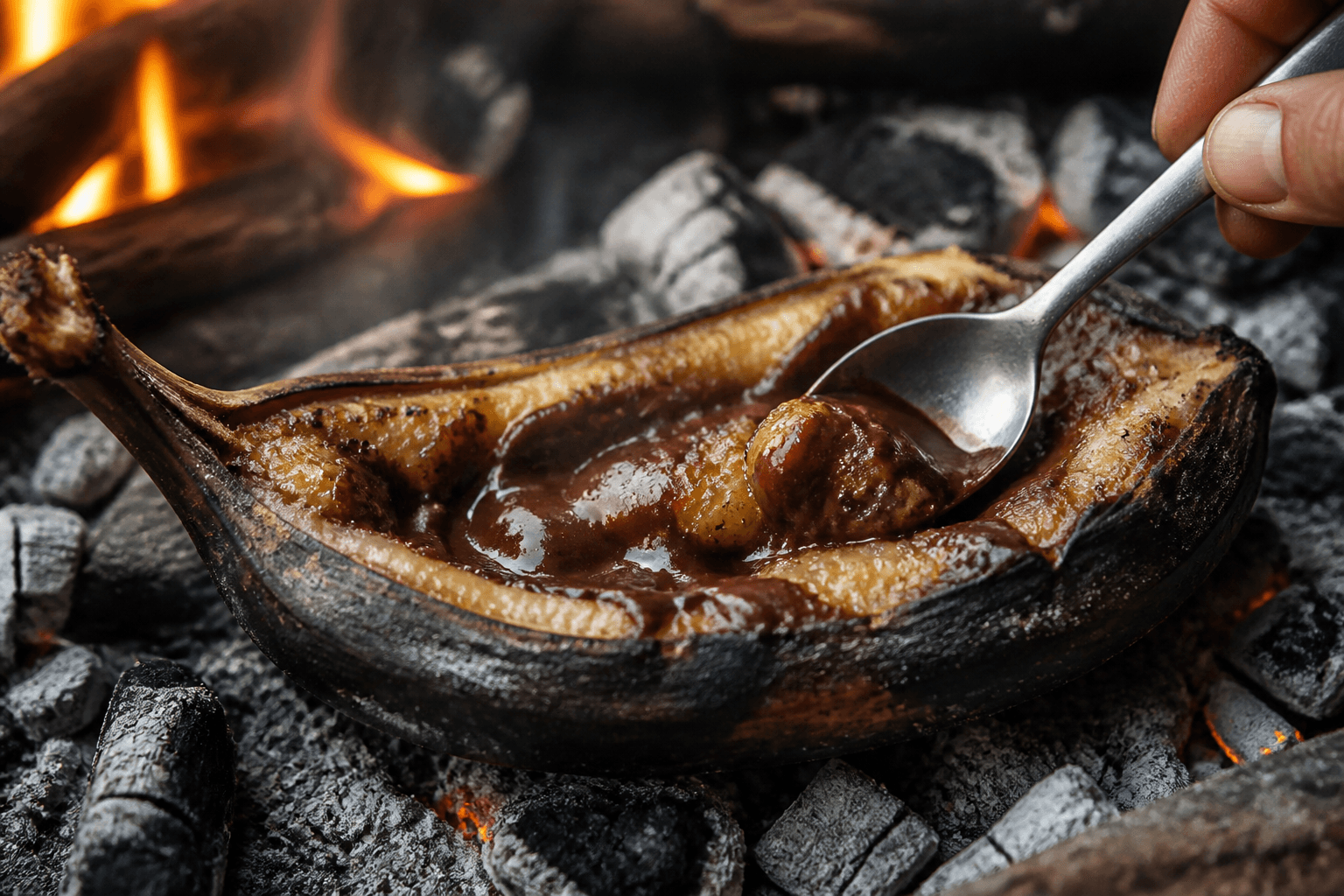 Glødestegte bananer skåret åbne og fyldt med smeltet mørk chokolade