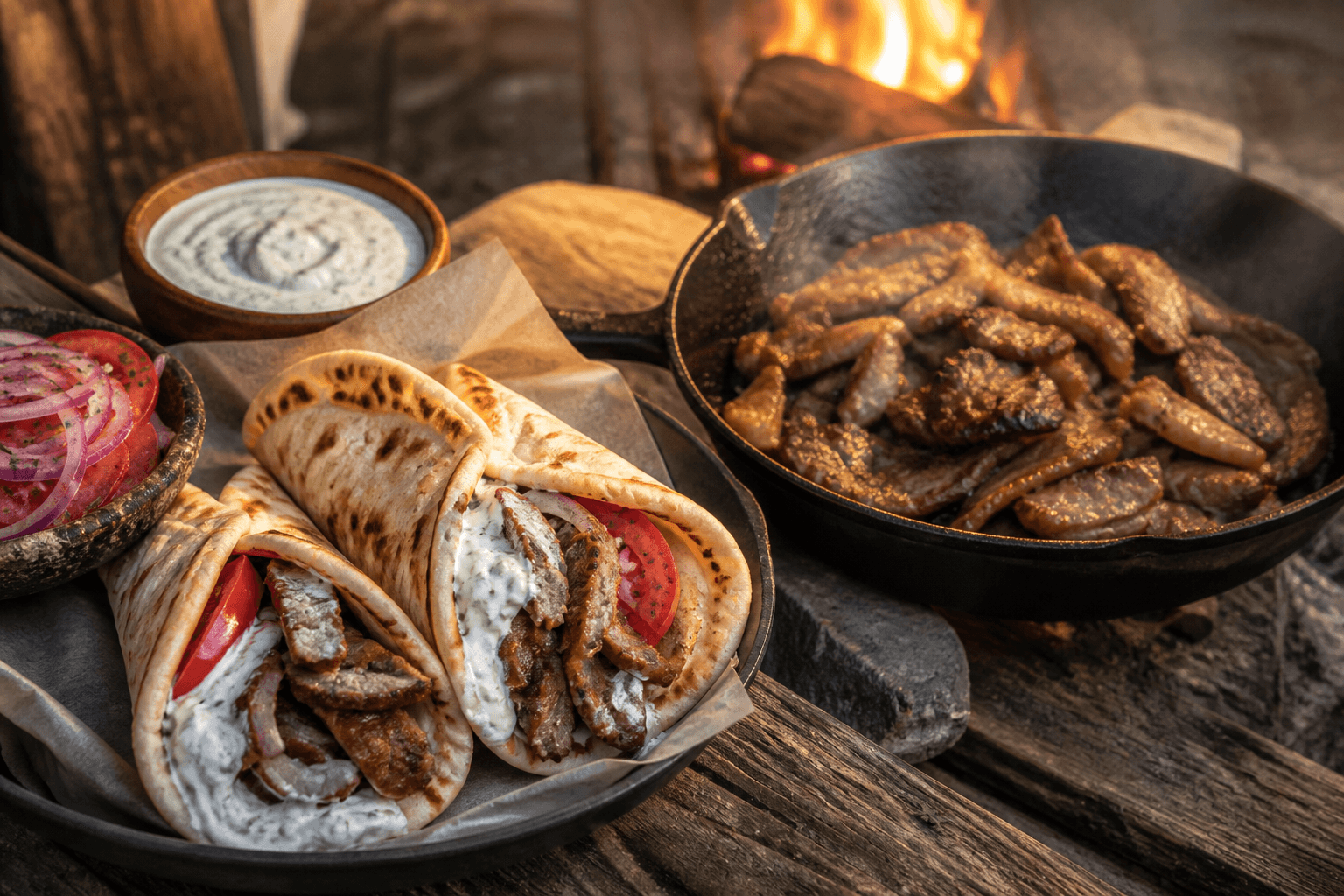 Gyros-wraps med krydret kød stegt på støbejernspande over bål