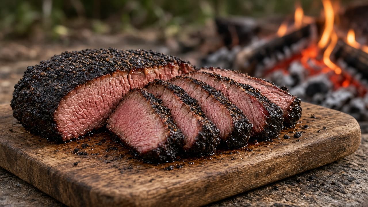 Kaffegnidmet brisket skåret i skiver over åben ild med mørk bark