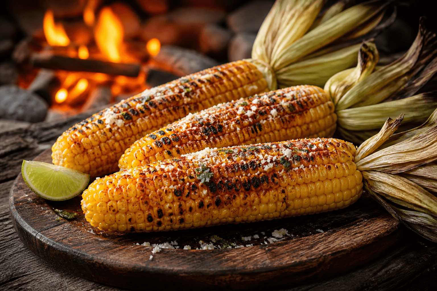 Grillede majskolber med chilismør og parmesan over bål