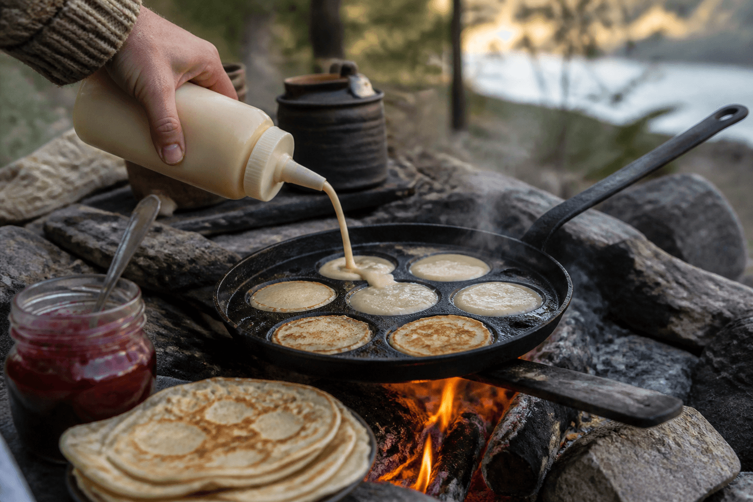 Pandekager stegt på bålpande med dej hældt fra flaske