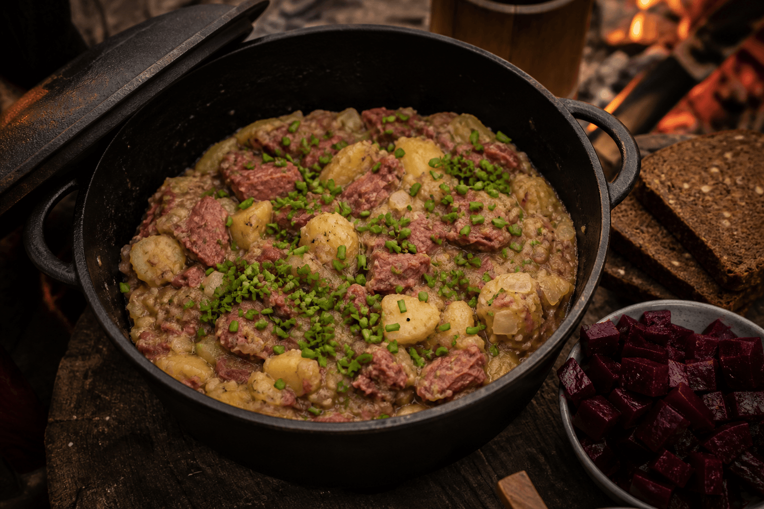 Skipperlabskovs med sprængt kød, kartofler og purløg i Dutch Oven