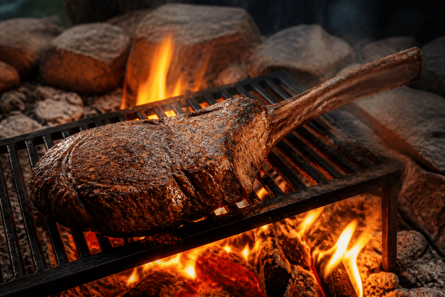 Tomahawk steak stegt på støbejernsrist over åben ild med langt ben