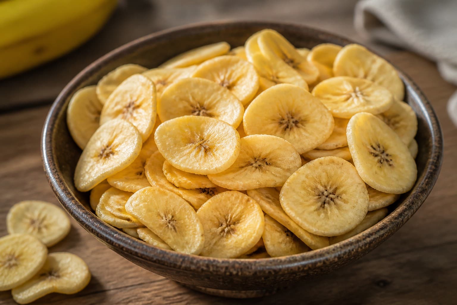 Sprøde bananchips fra dehydrator på tallerken