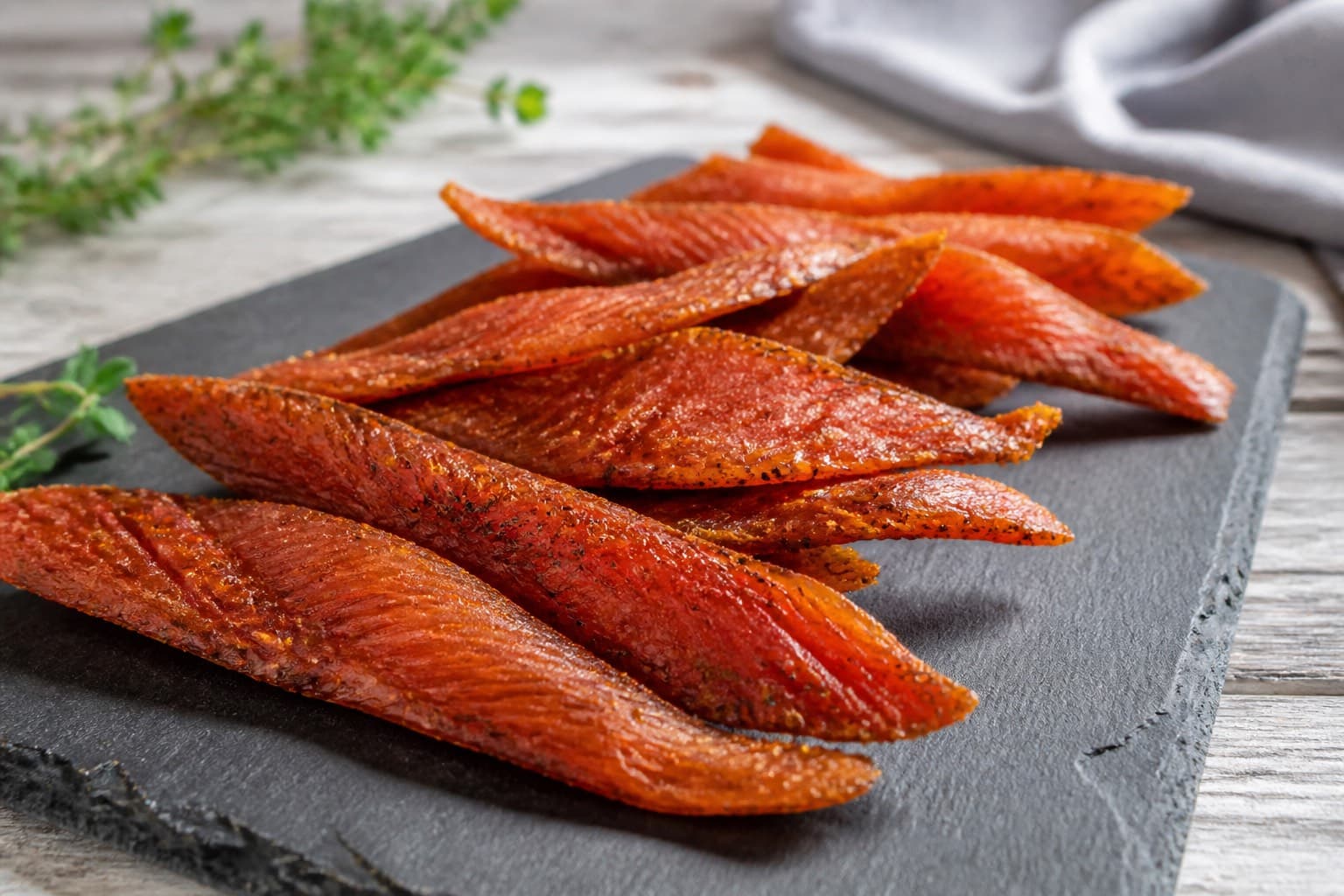 Salmon jerky-strimler fra dehydrator