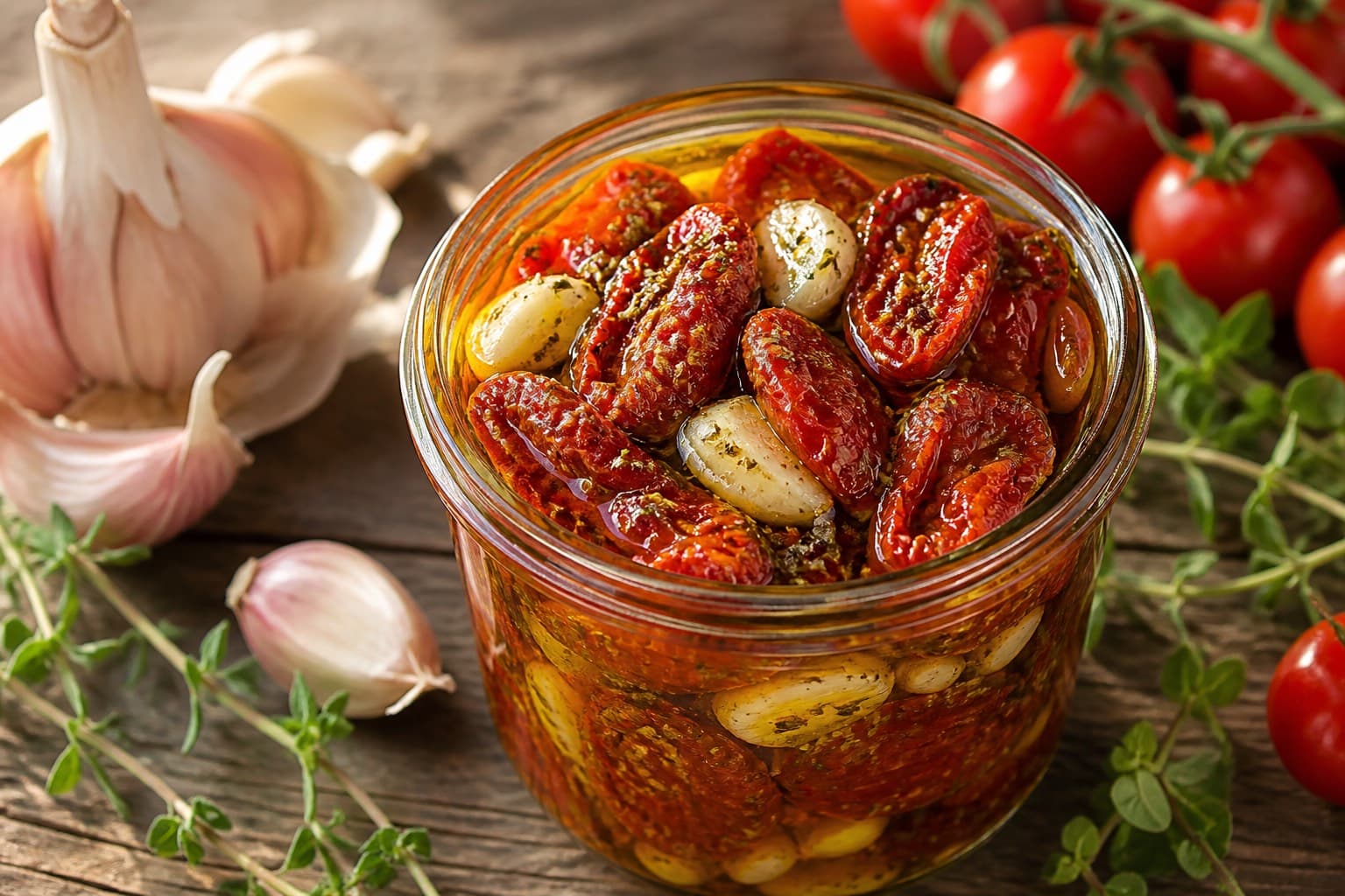 Semidried tomater i olie med urter fra dehydrator