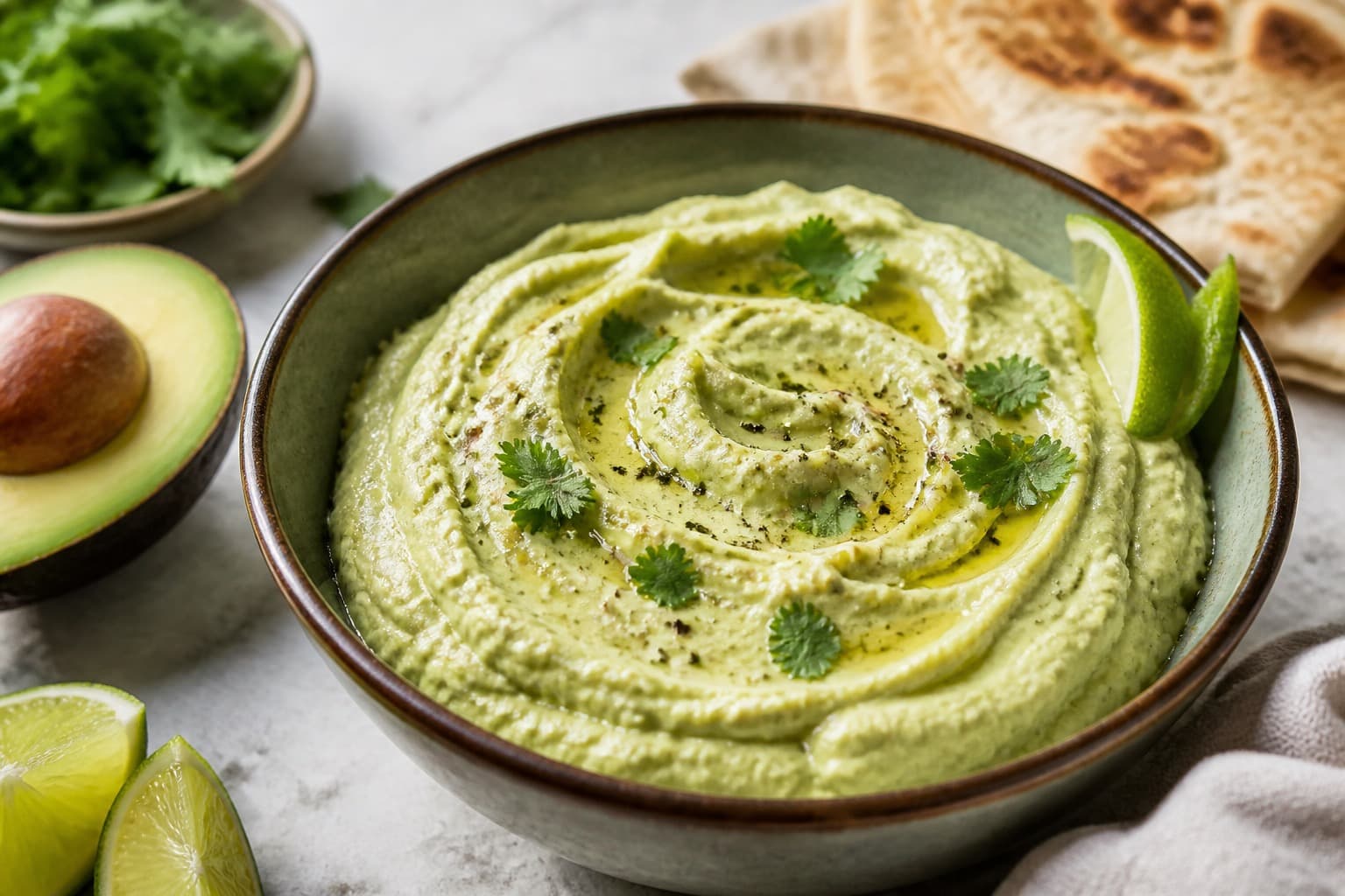 Skål med lysegrøn avocadohummus