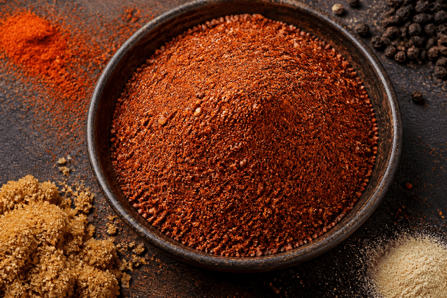 Skål med rød BBQ dry rub, paprika og brunt sukker