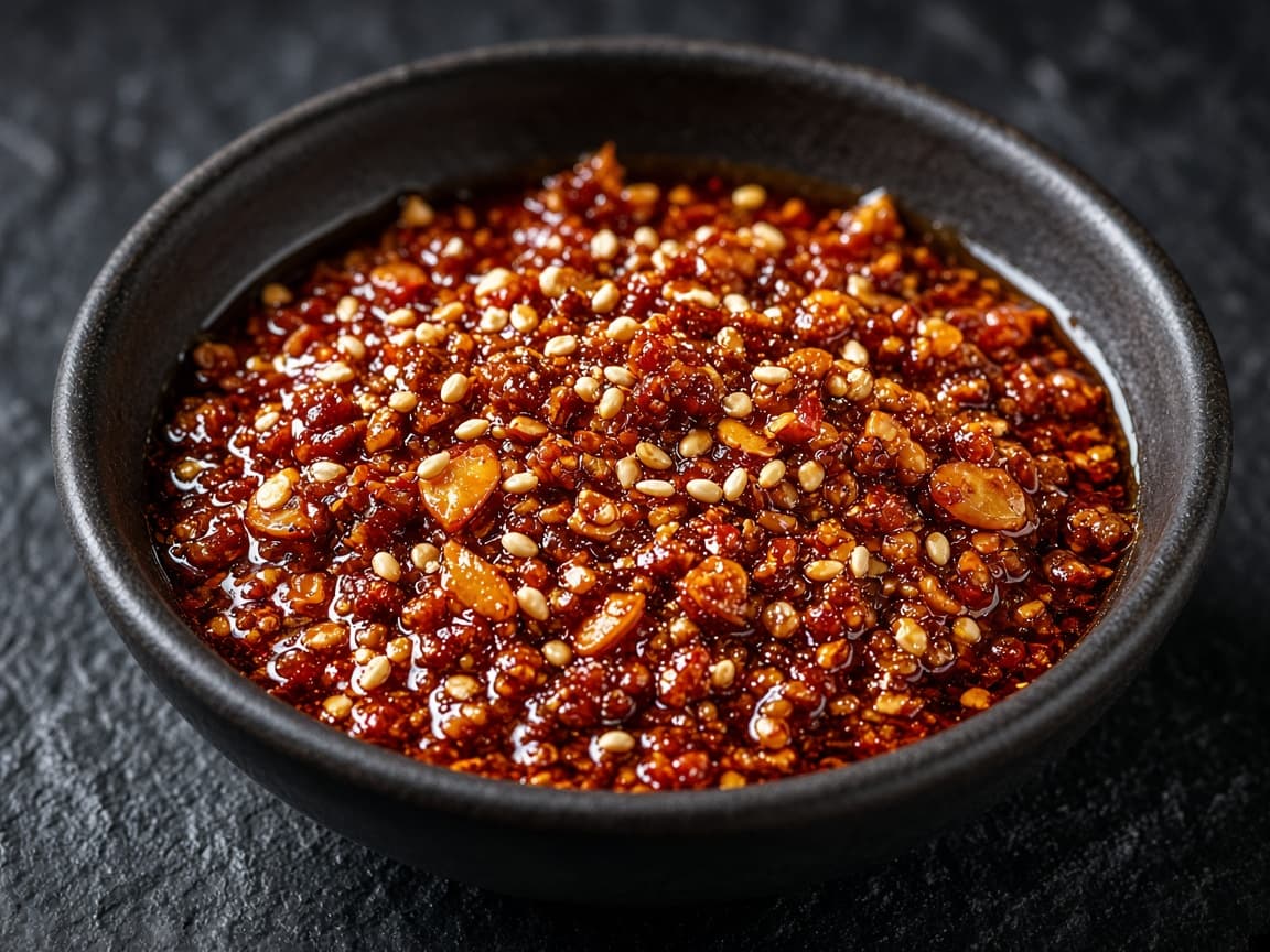 Skål med knasende rød chili crisp og sesam