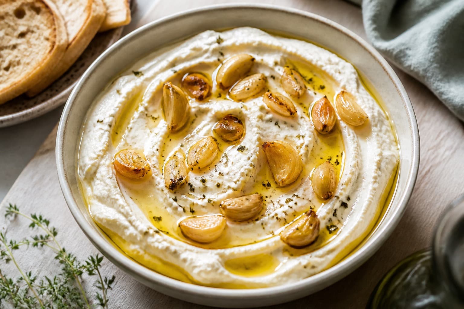 Skål med cremet fetadip toppet med bagte hvidløg og olivenolie
