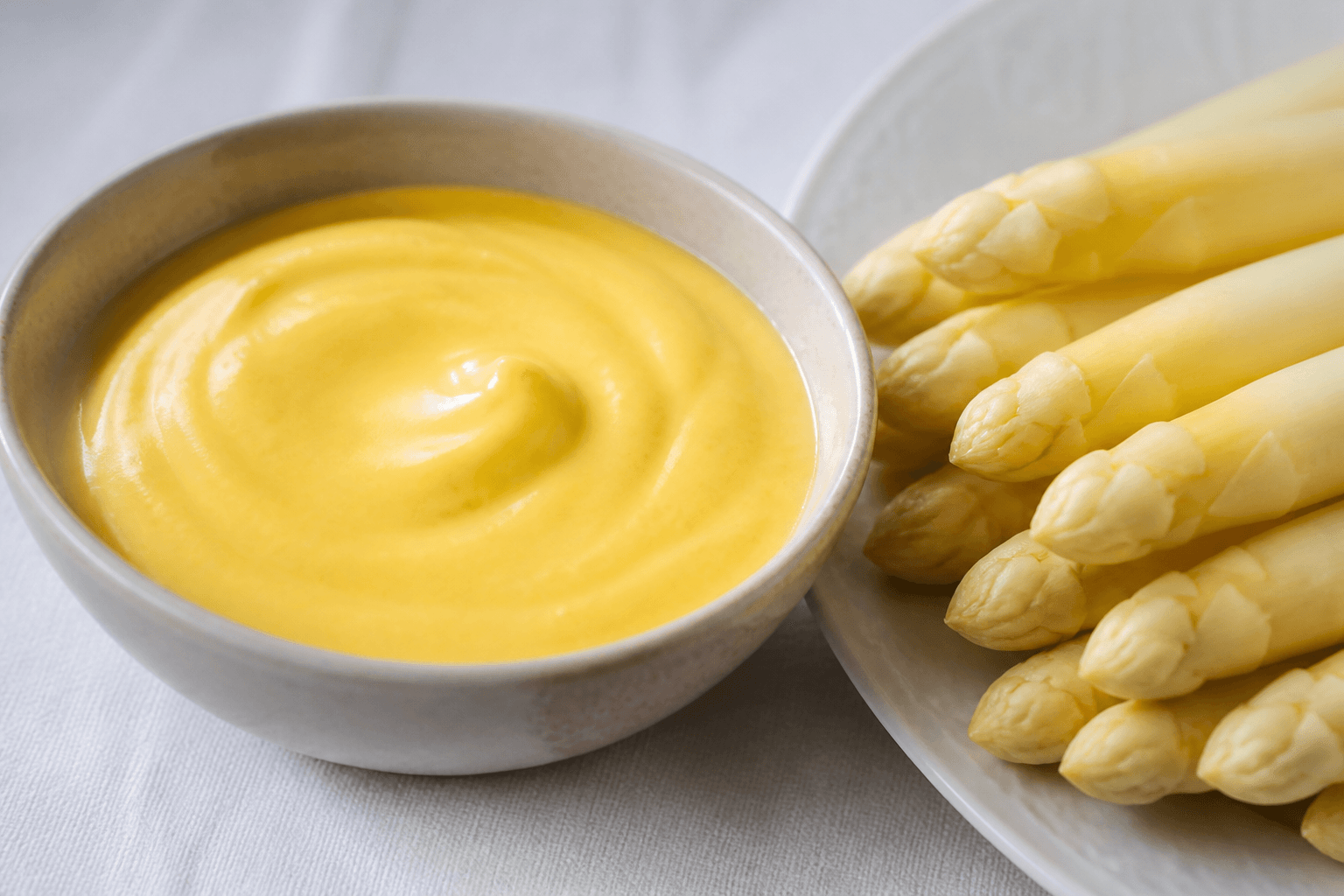 Gul, blank hollandaisesauce i skål til asparges