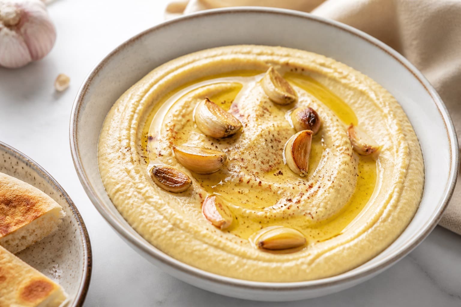 Skål med hummus toppet med bagte hvidløgsfed