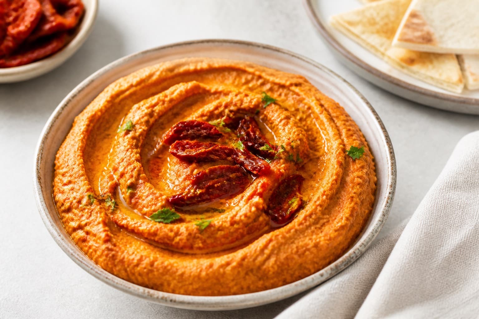 Skål med rød hummus med soltørrede tomater