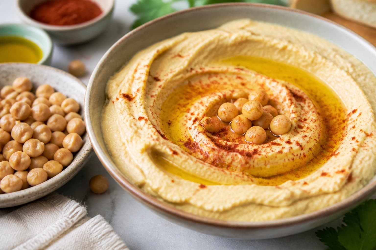 Skål med cremet hummus dryppet med olivenolie og paprika