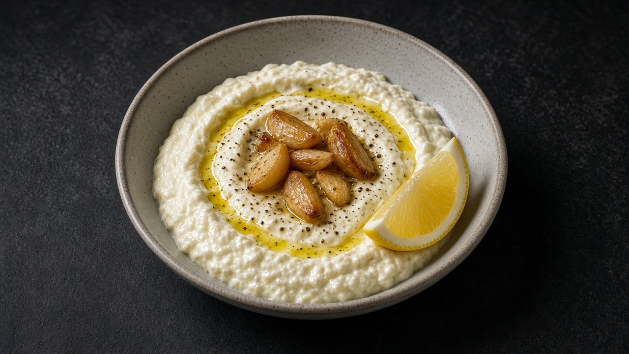 Skål med cremet hytteost-aioli og bagt hvidløg