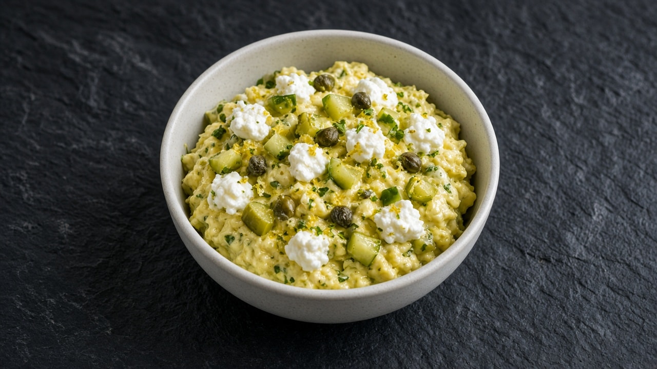 Groft hytteost-remoulade med kapers og agurk