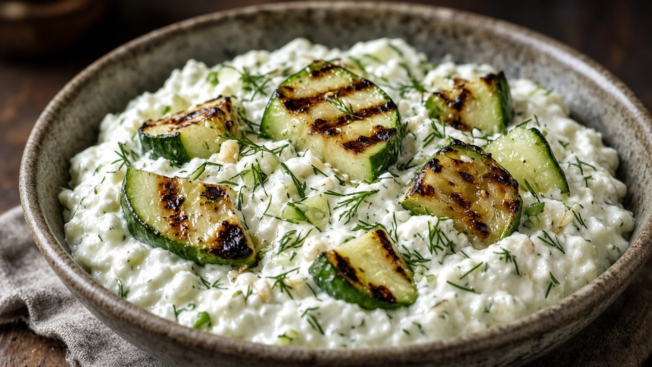 Hytteost-tzatziki med grillet agurk og hvidløg
