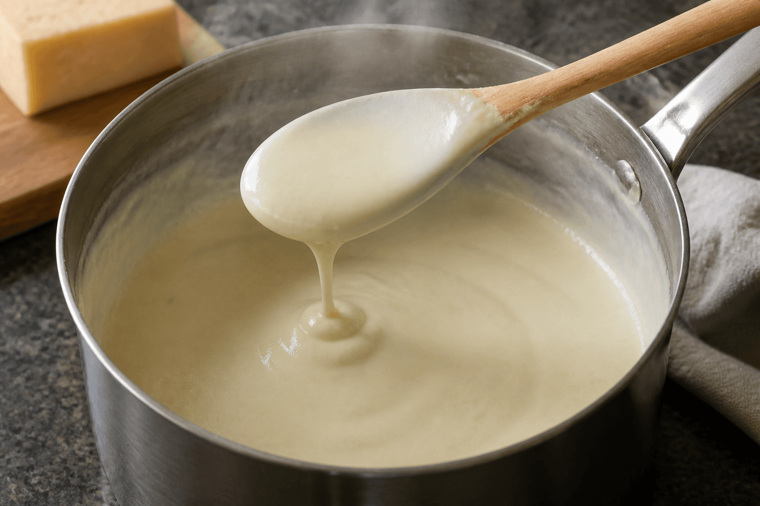 Cremet mornay-sauce med smeltet ost i gryde