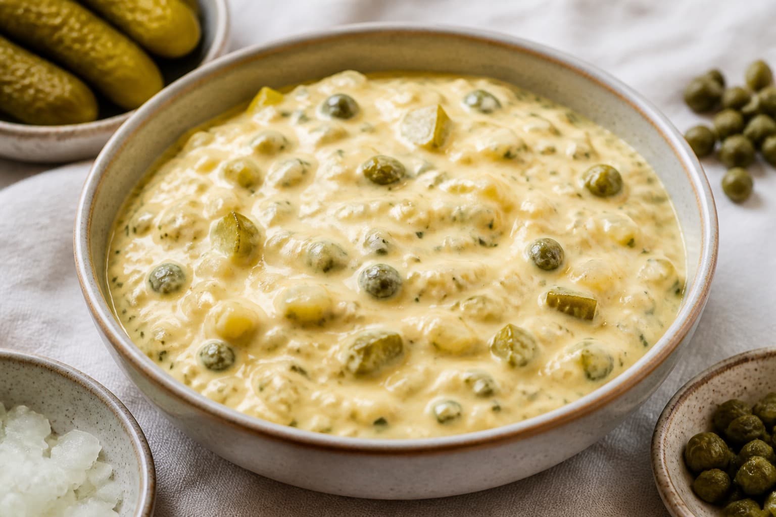 Skål med grov remoulade-mayo med agurk og kapers