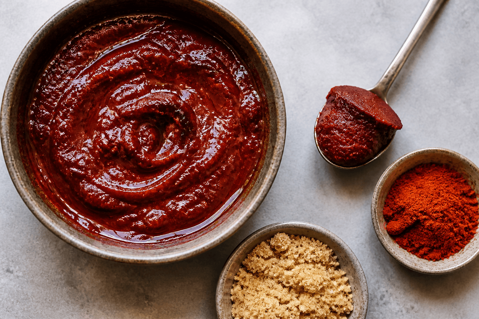 Skål med rød, klistret grillmarinade af tomatpuré og paprika