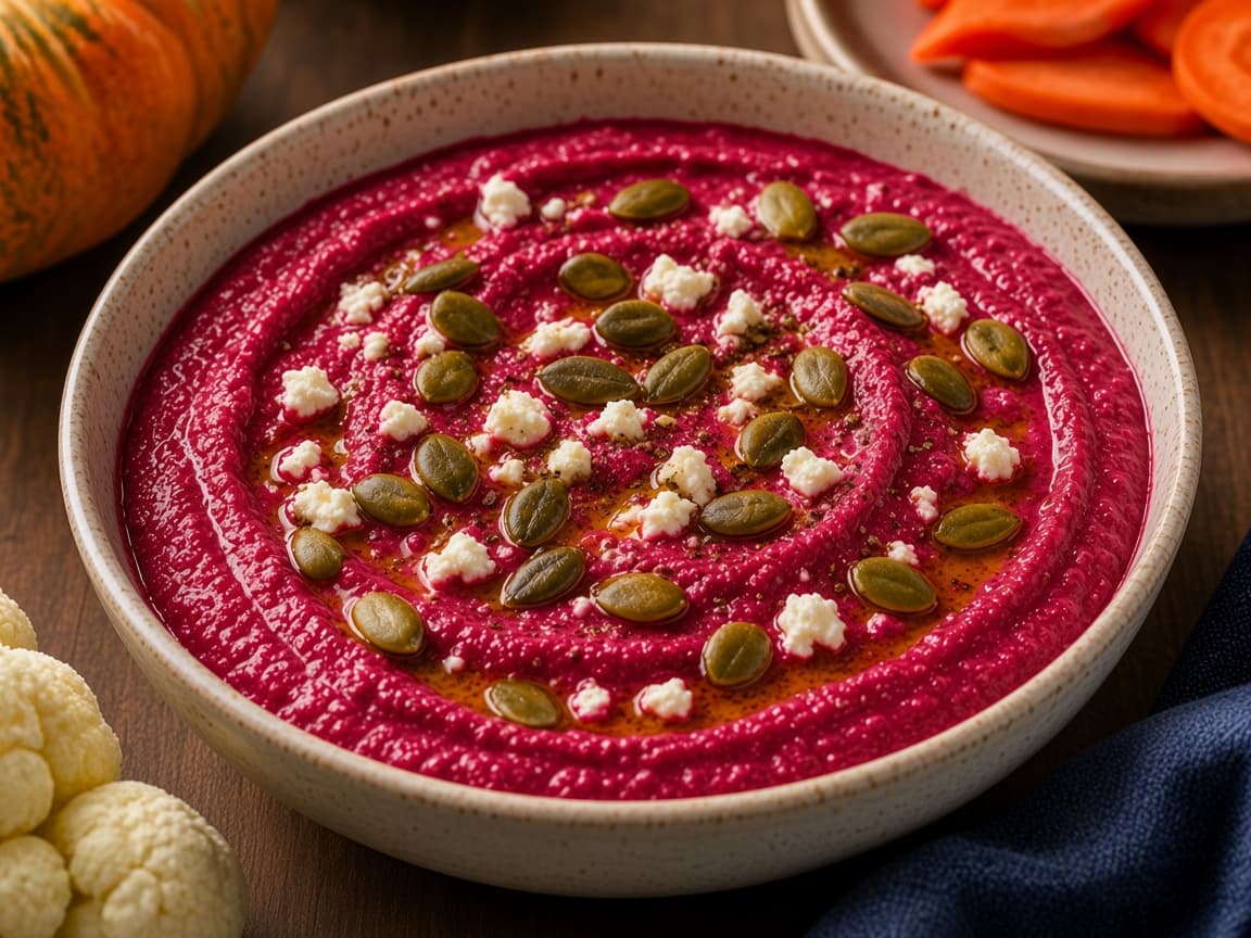 Blodrød rødbededip med feta i skål