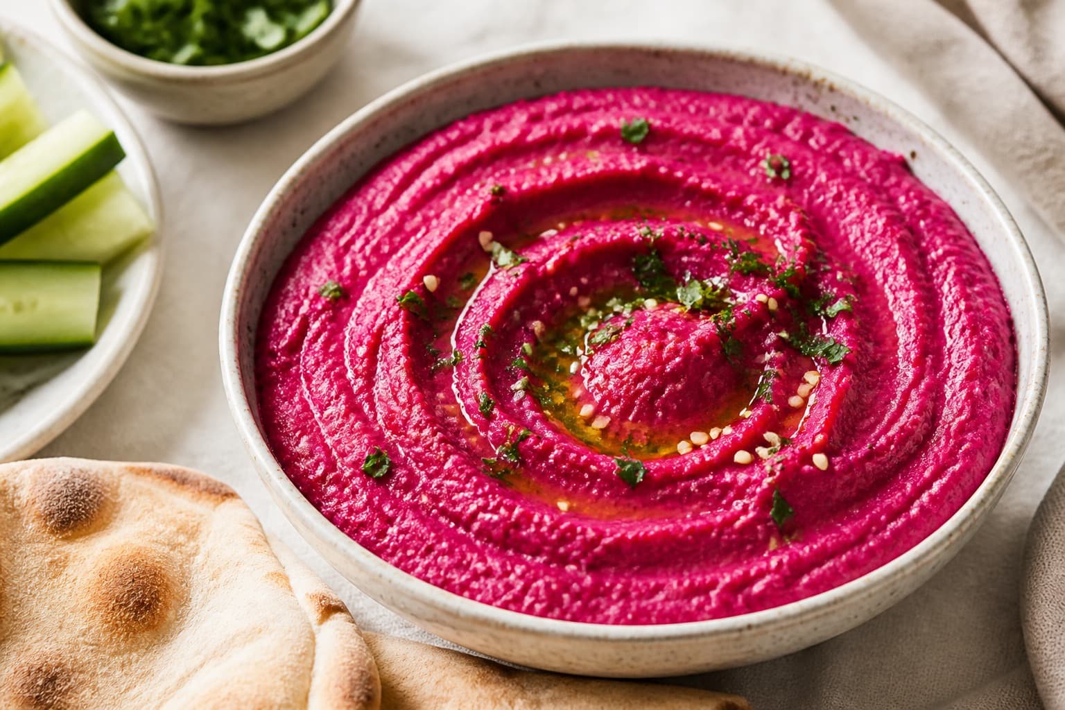 Skål med lyserød rødbedehummus