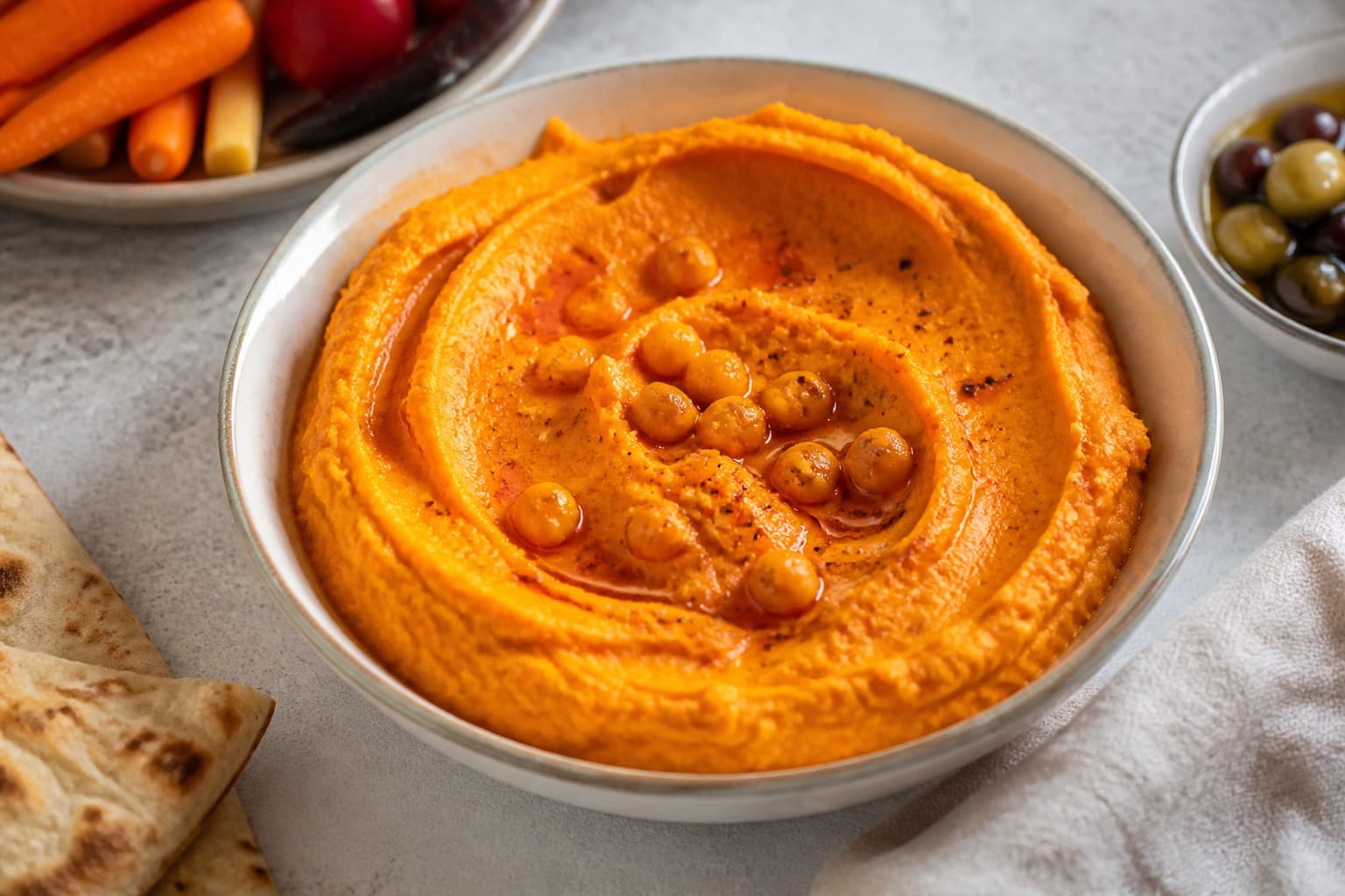 Skål med orange sød kartoffel-hummus