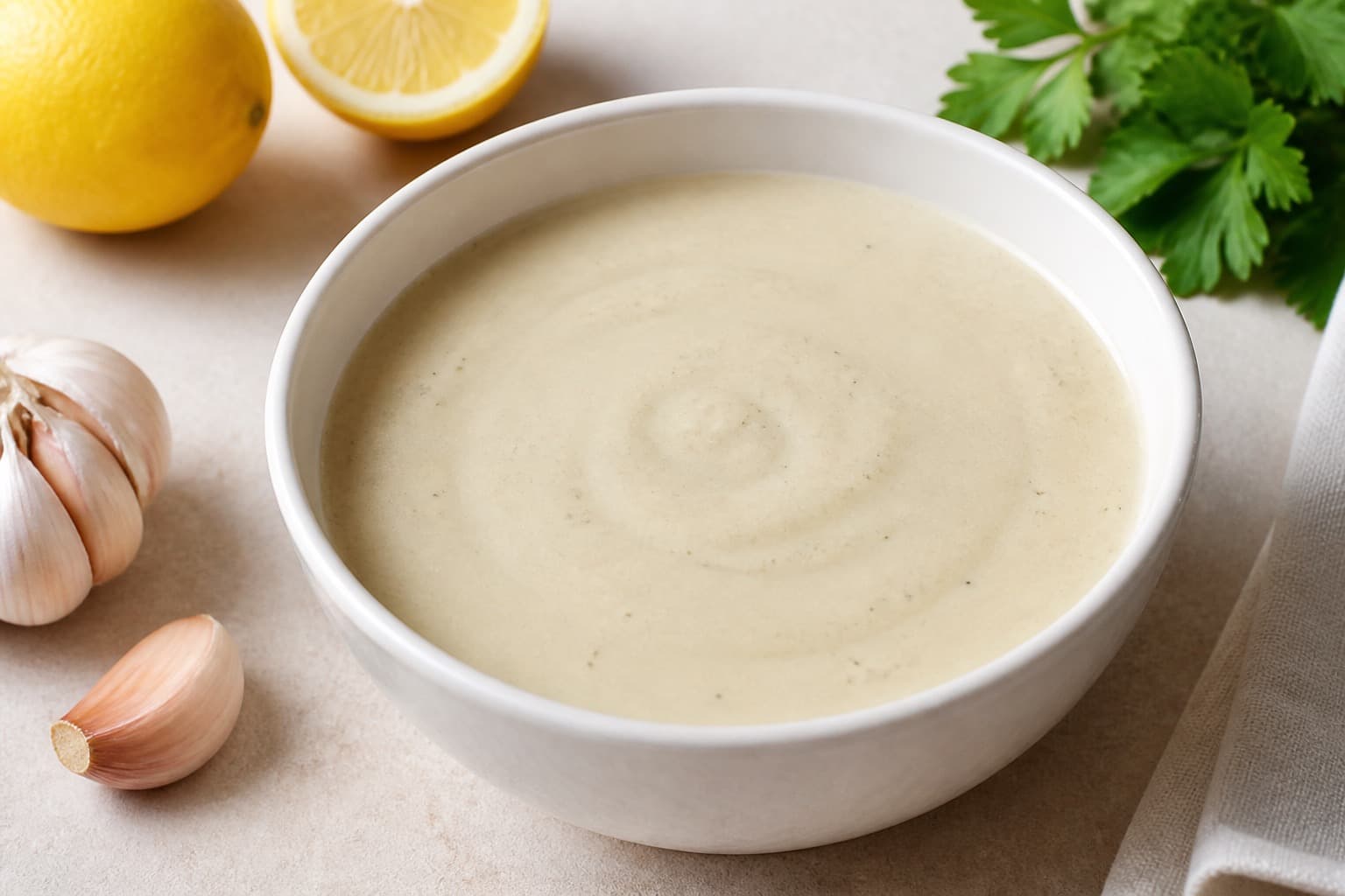 Skål med cremet tahin-dressing og citron