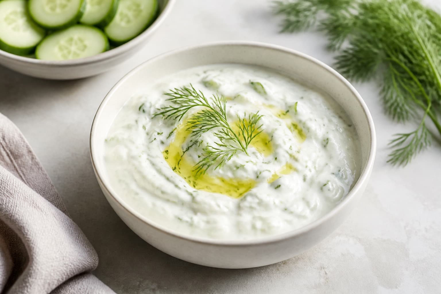 Skål med cremet tzatziki toppet med olivenolie og dild