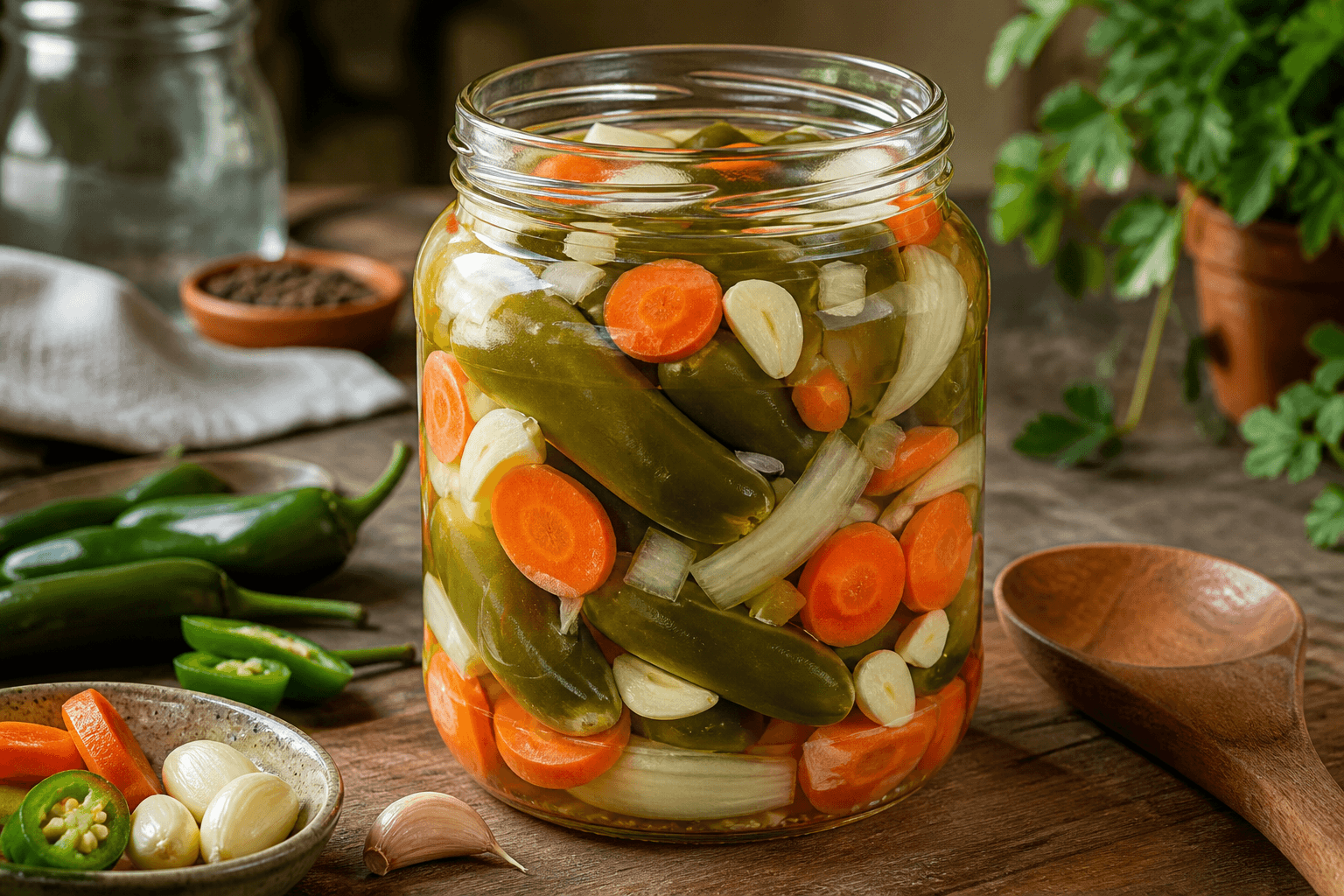 Jalapeños og grøntsager i fermenteret vinagre