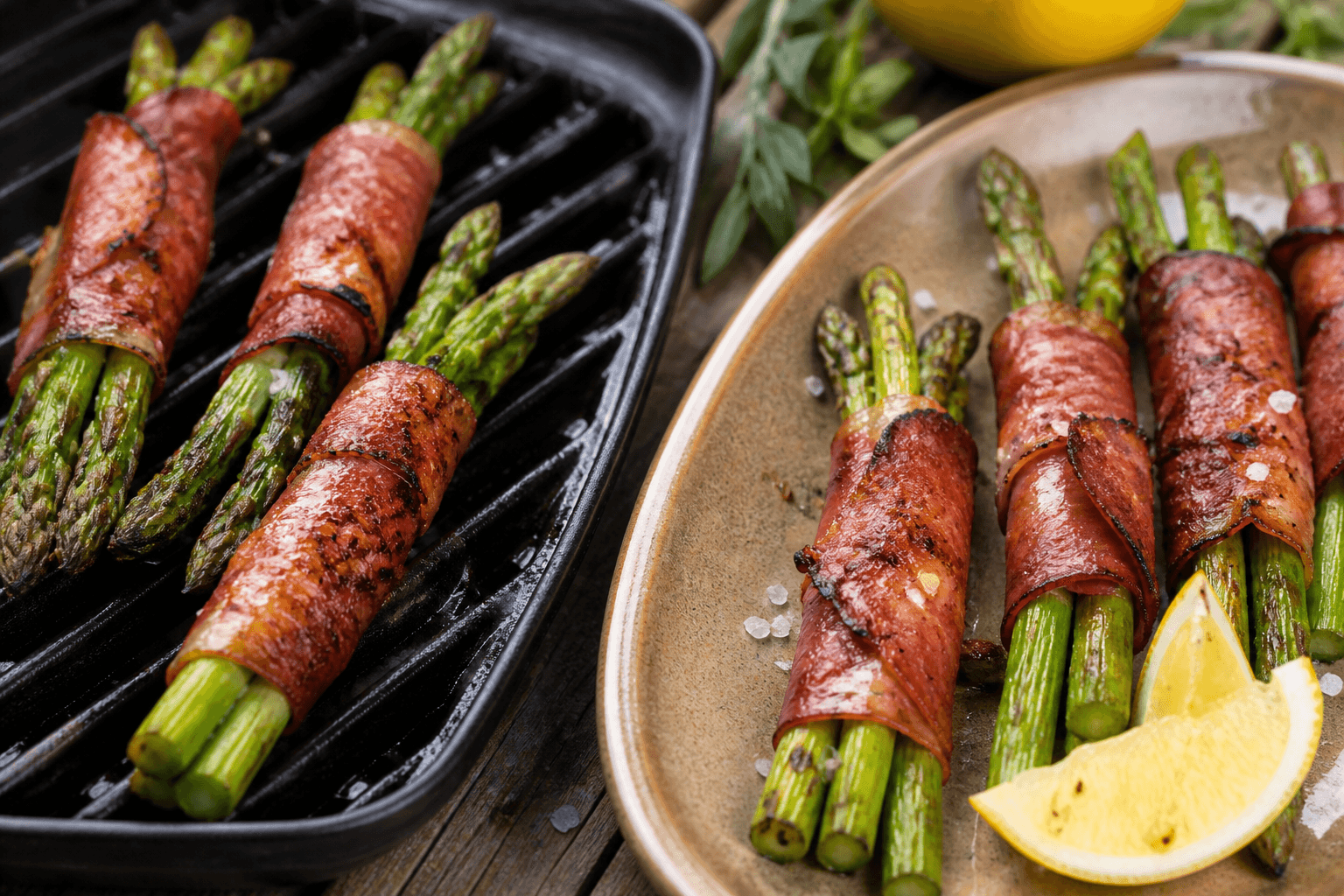 Grillede asparges svøbt i serranoskinke med flagesalt