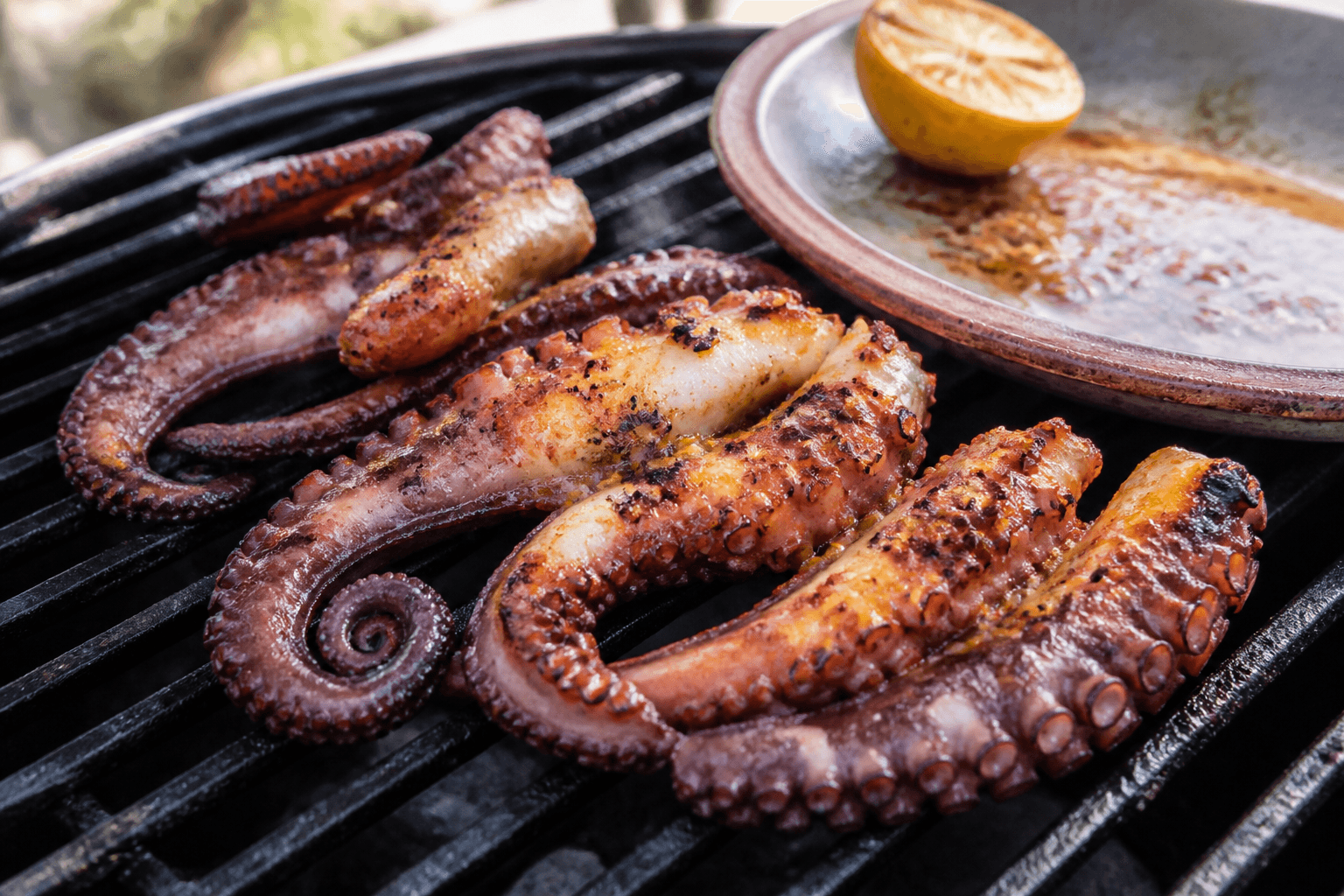 Grillede blækspruttearme med chili og hvidløgsolie