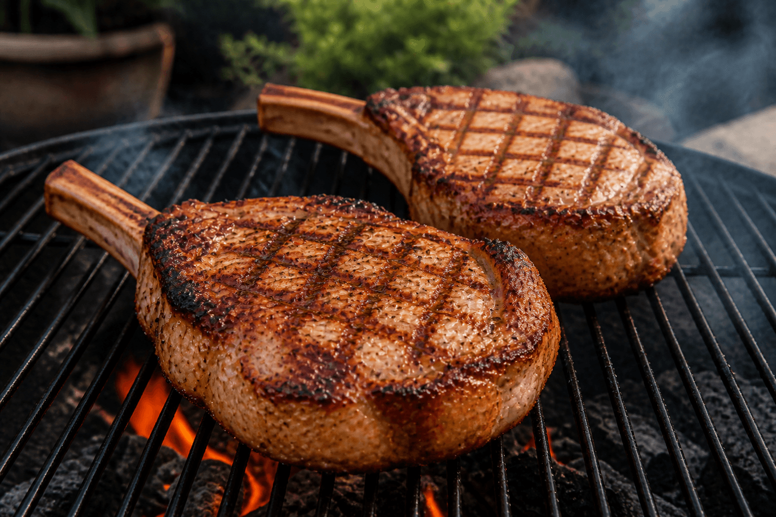 Tykke grillede svinekoteletter med skaft og grillstriber