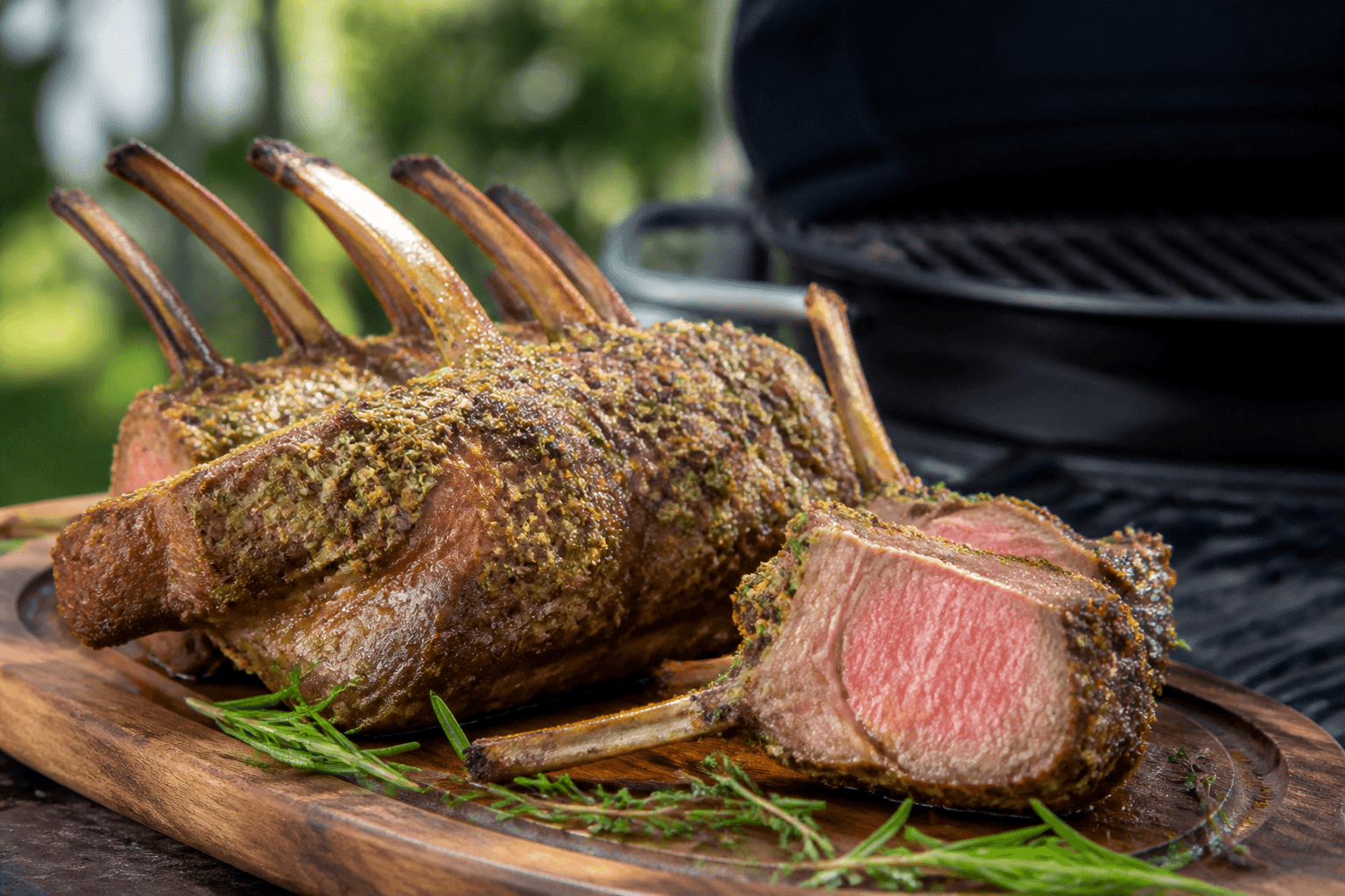 Grillede lammeracks med urtekrust og rosa kød