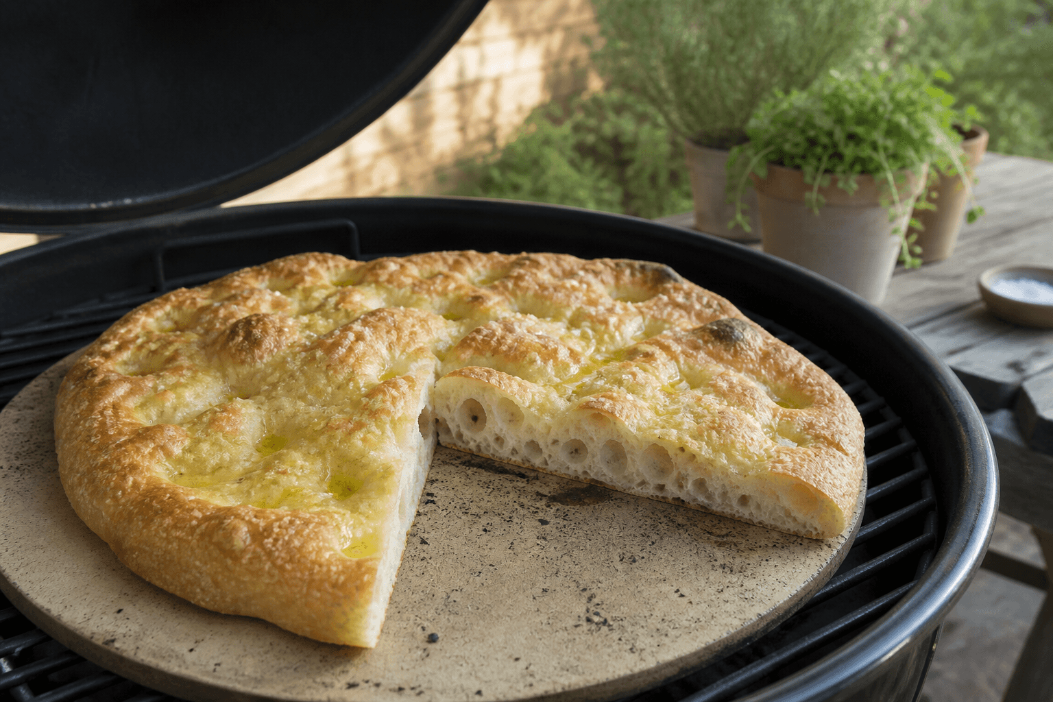 Grillet focaccia på pizzasten med olivenolie og flagesalt