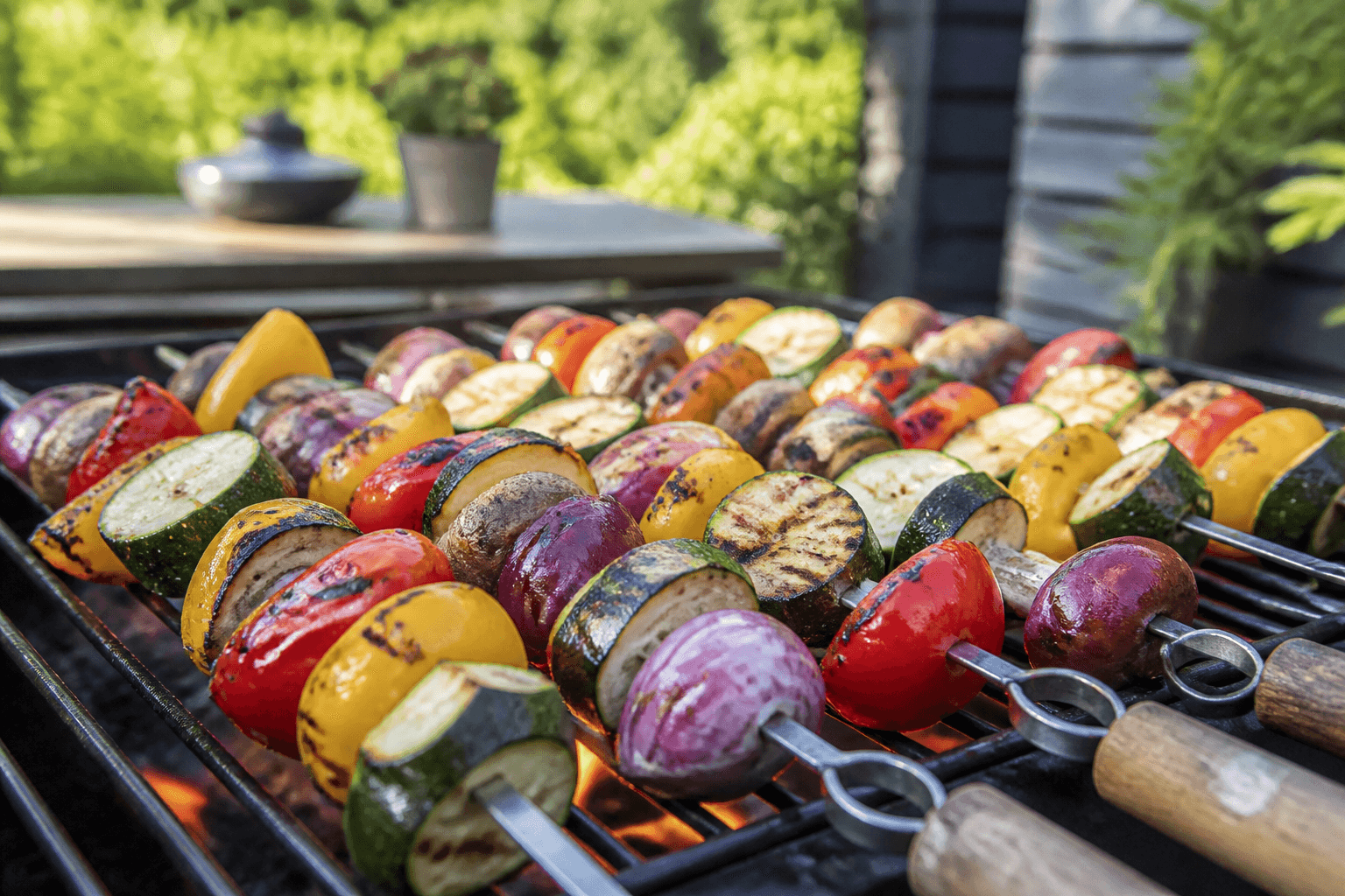 Grillede grøntsagsspyd med peberfrugt, squash og champignon
