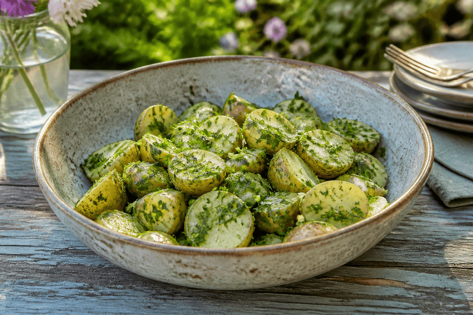 Kartoffelsalat med nye kartofler og friske krydderurter i vinaigrette