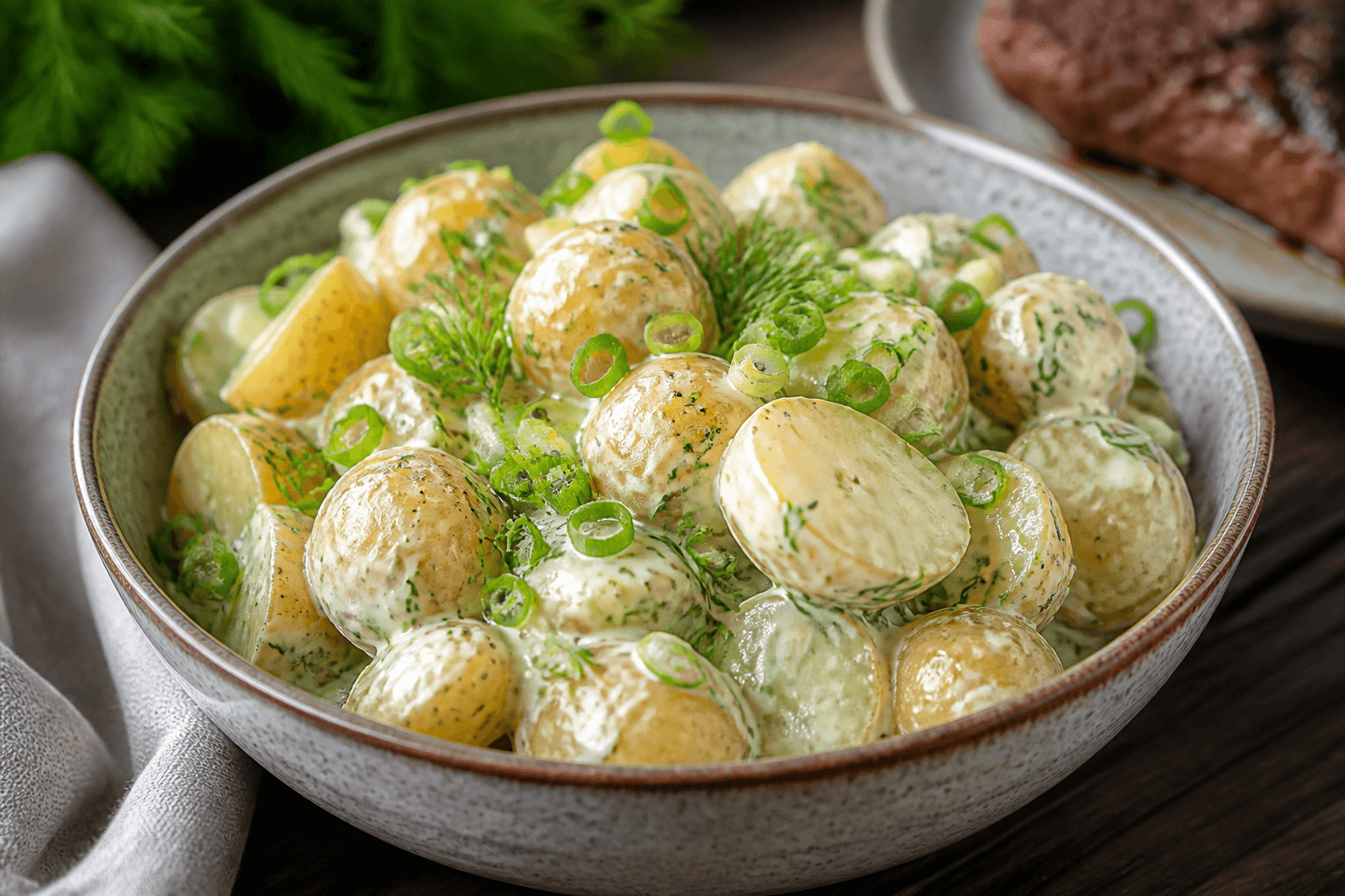 Klassisk kartoffelsalat i skål med dild og forårsløg