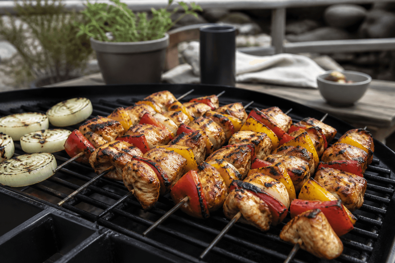 Grillede kyllingespyd med marinade og grillstriber