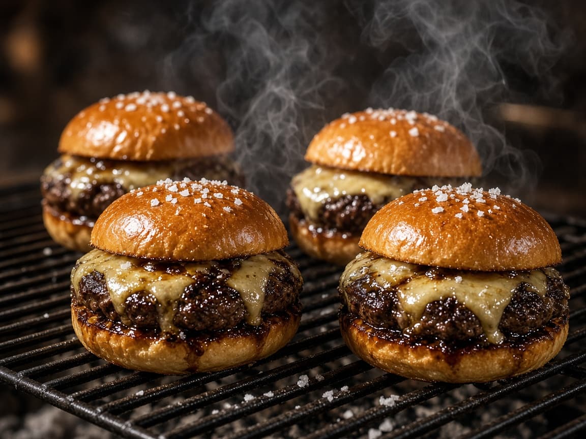 Grillede burgere med marv og flagesalt på en rist