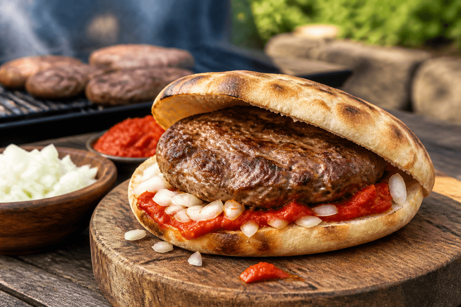 Grillet pljeskavica i lepinja med ajvar og løg