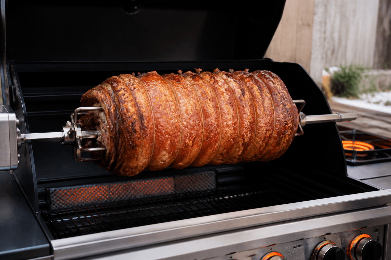 Porchetta på gasgrill-rotisseri med sprød svær