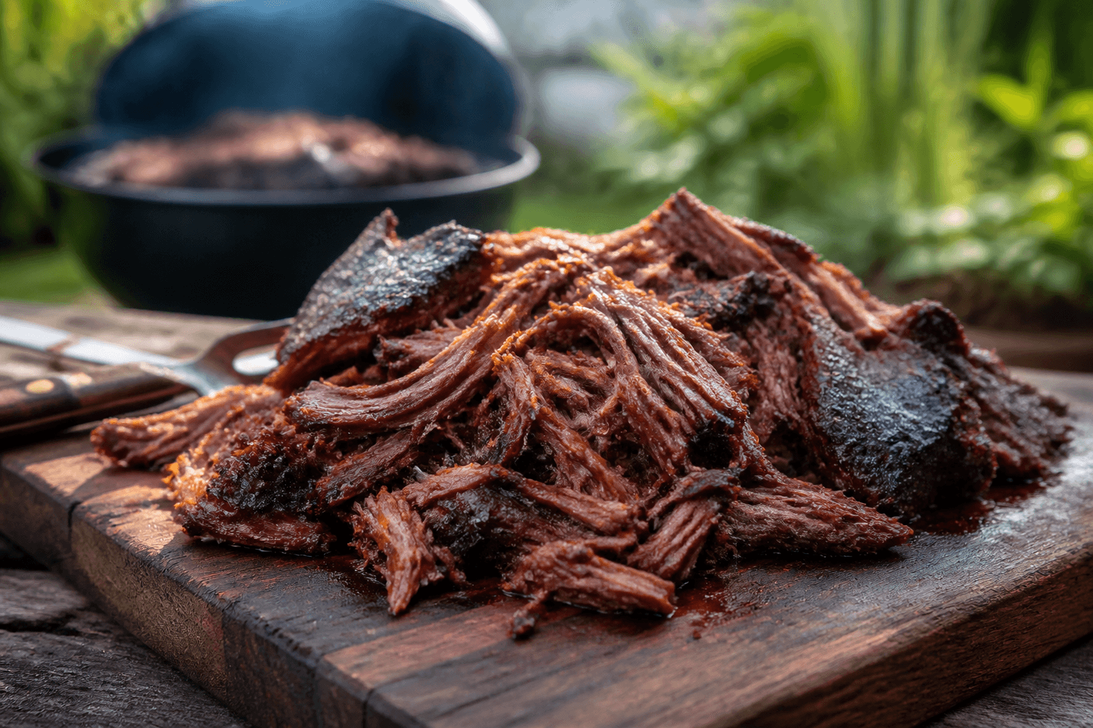 Pulled beef trukket i saftige strimler med mør bark