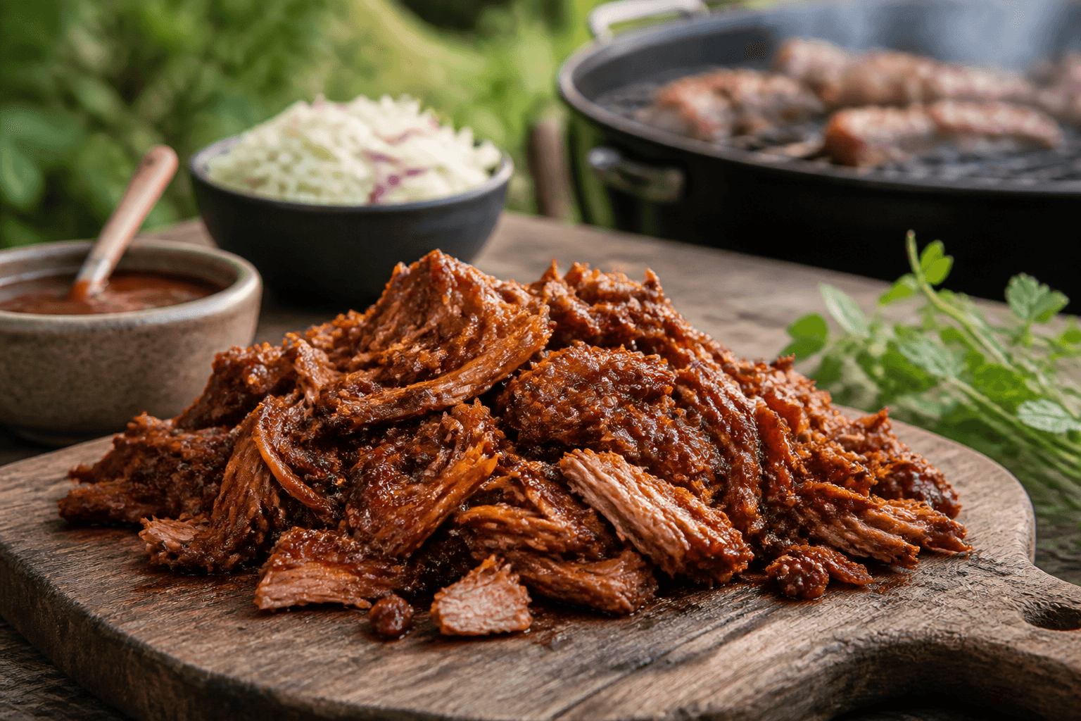 Pulled jackfruit med BBQ-sauce på grillbræt