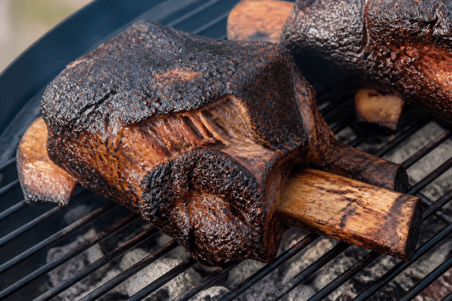 Store smoked beef ribs med sort bark og mørt kød på grillrist