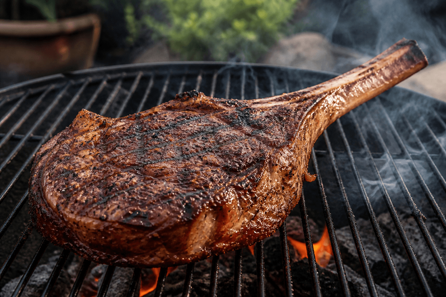 Tomahawk steak på grill med grillstriber og langt ben