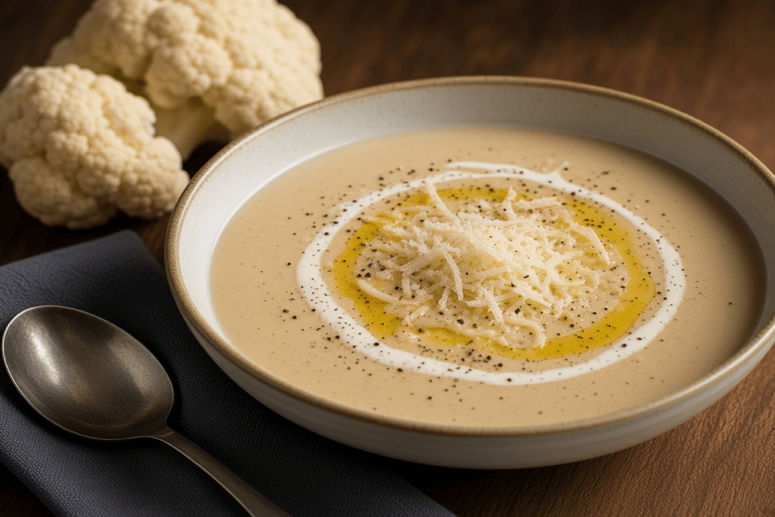 Cremet blomkålssuppe med ostedrys og sort peber