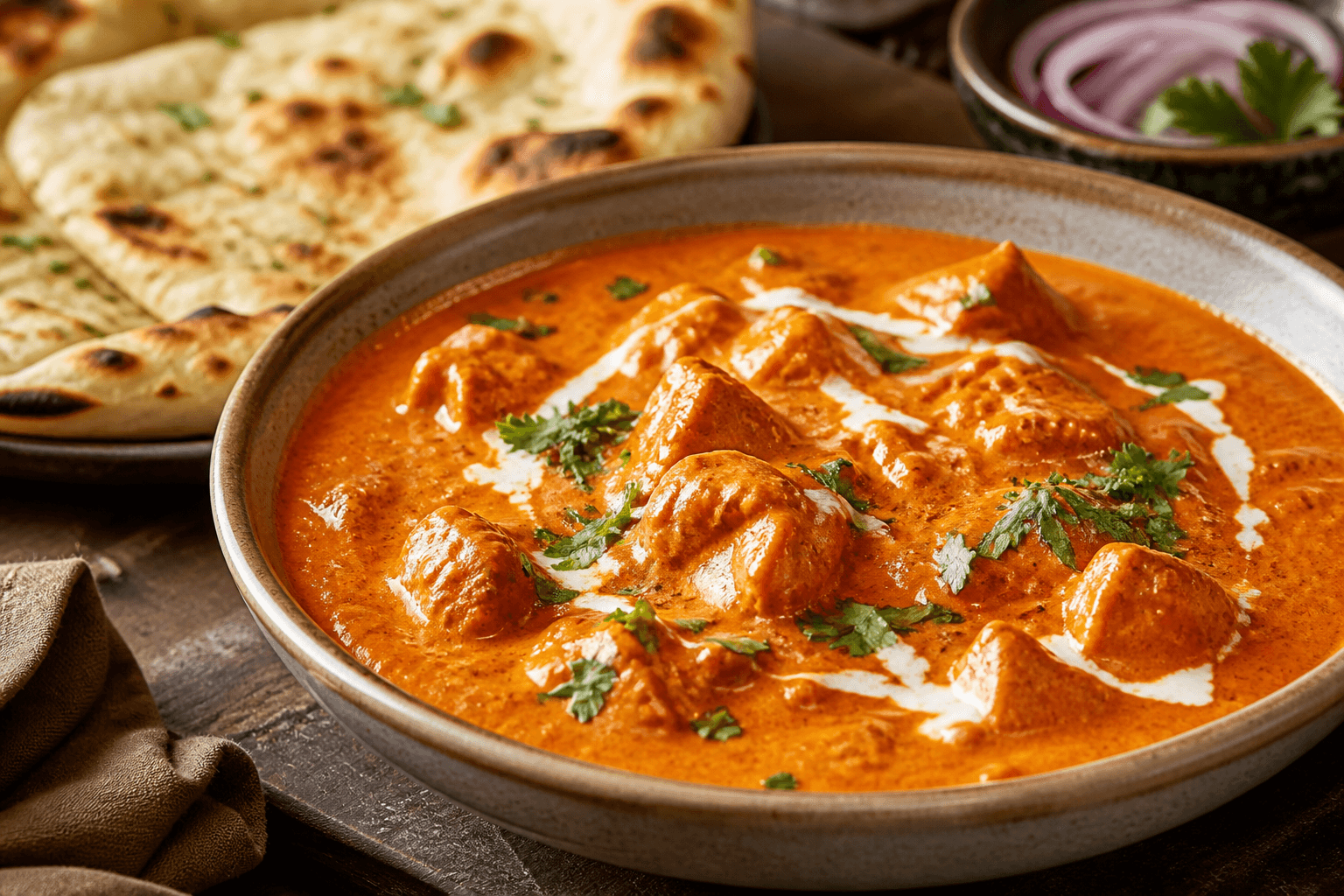 Butter chicken i cremet orange sauce med koriander