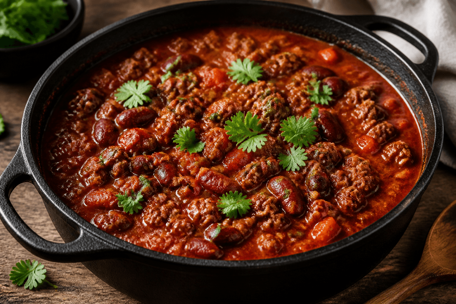 Chili con carne i gryde med bønner og frisk koriander