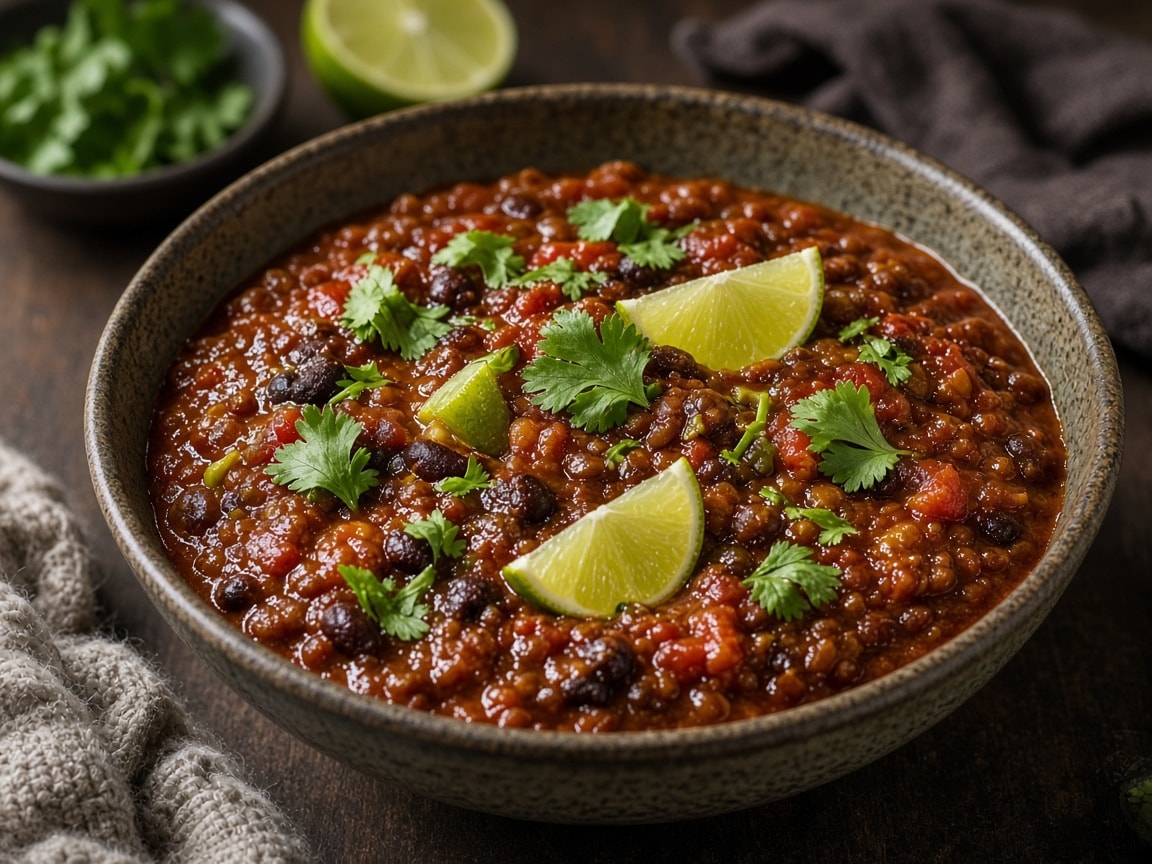 Mørk vegetarisk chili med bønner og et skær af kakao